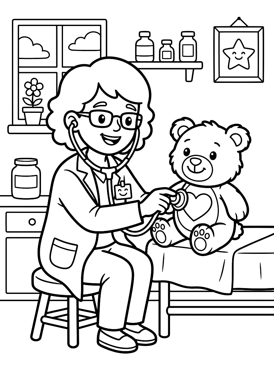 Ausmalbild: Ärztin mit Stethoskop untersucht einen Teddybären