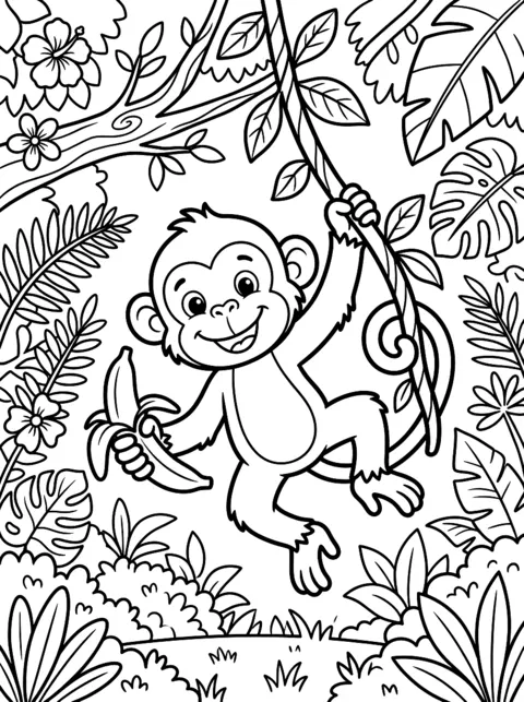 Ausmalbild: Affe schaukelt an einer Liane und hält eine Banane