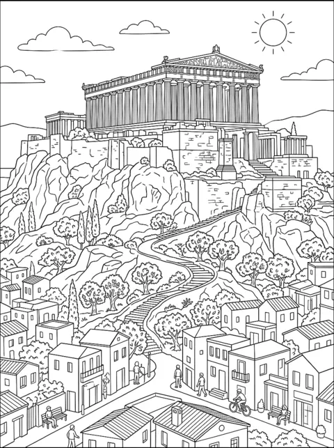 Ausmalbild: Der Parthenon-Tempel mit Säulen auf dem Felsen über der Stadt