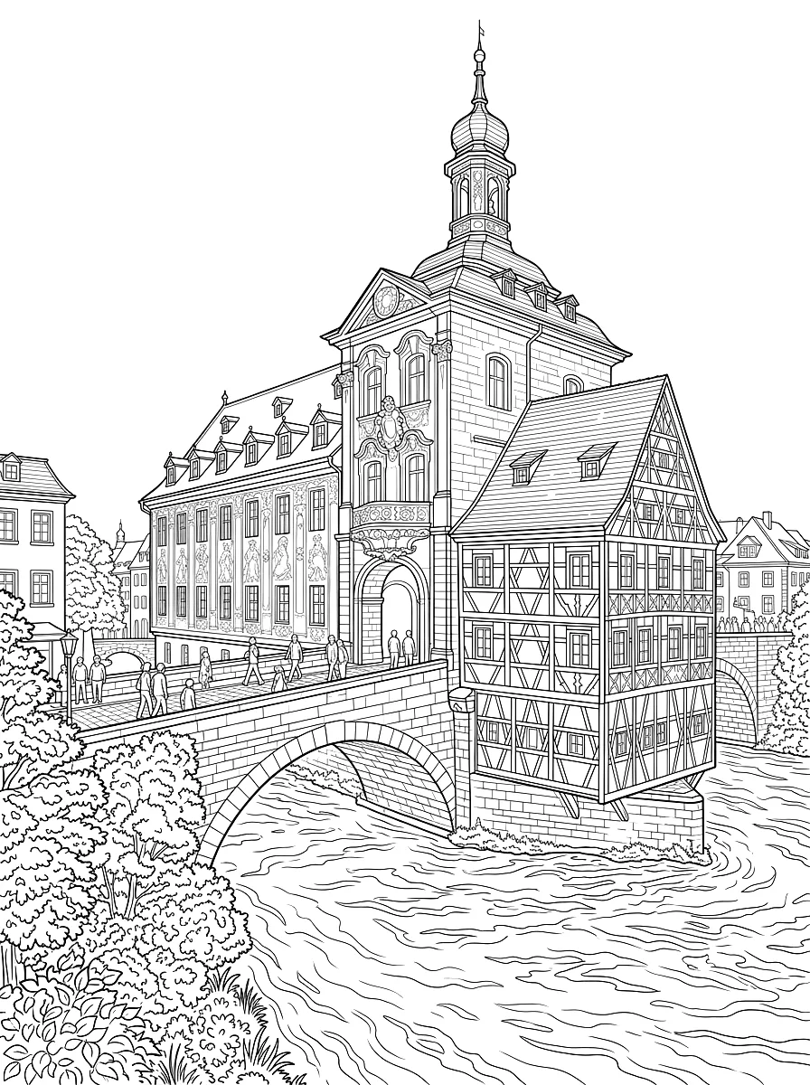 Disegno da colorare: Il municipio dipinto su un ponte in mezzo al fiume