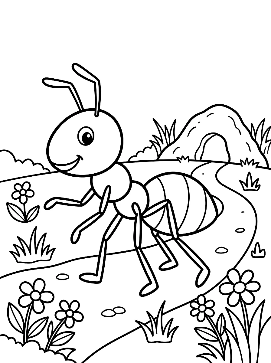 Colouring page: Ants carrying leaves and crumbs to their nest