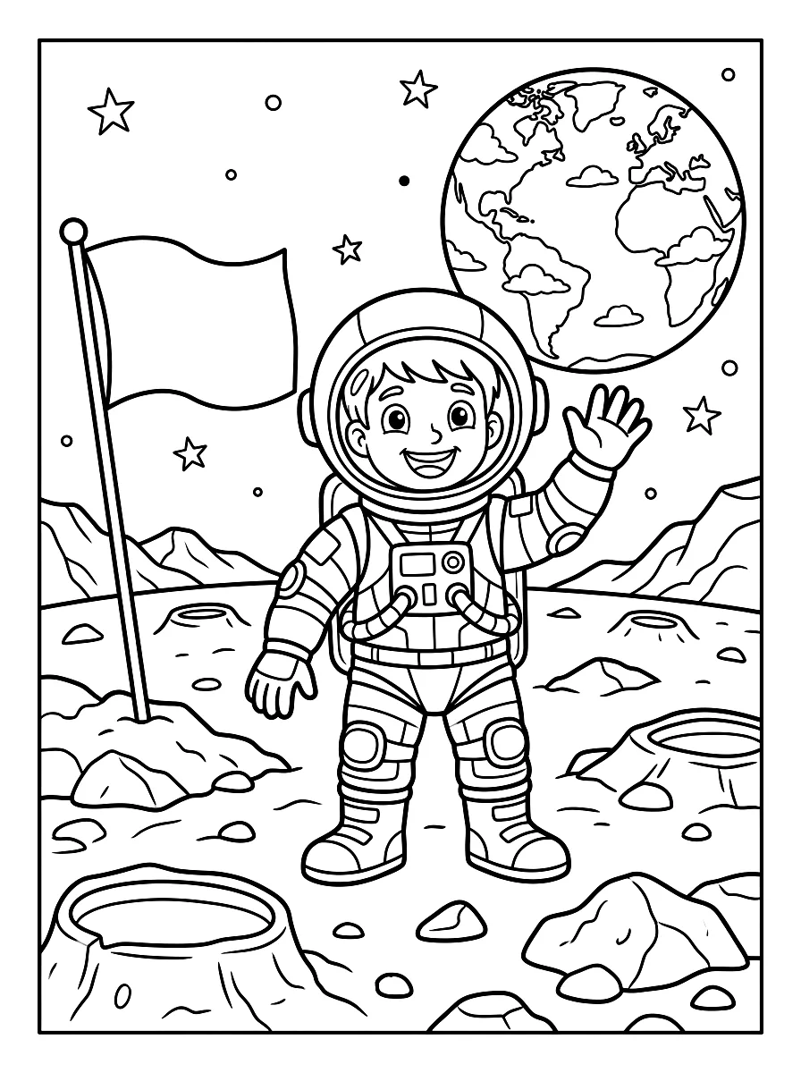Ausmalbild: Kind im Raumanzug winkt auf dem Mond, Erde im Hintergrund