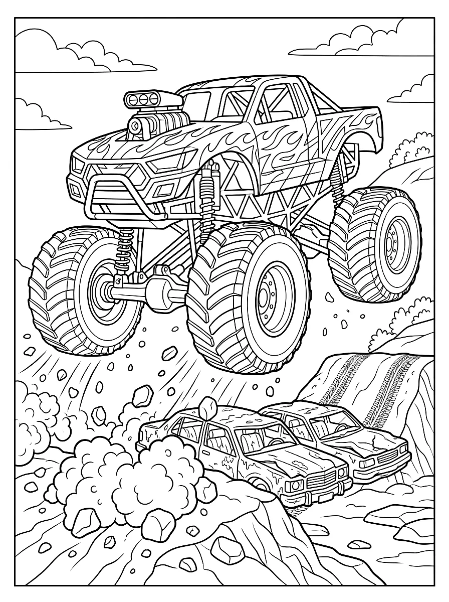 Ausmalbild: Monstertruck springt über Autos