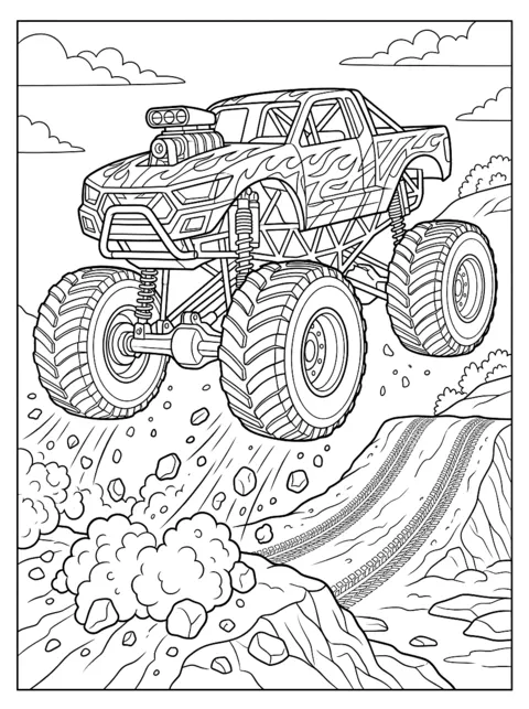 Ausmalbild: Monstertruck springt über Autos