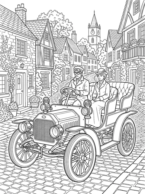 Ausmalbild: Alter Oldtimer mit Speichenrädern auf einer Dorfstraße mit Kopfsteinpflaster