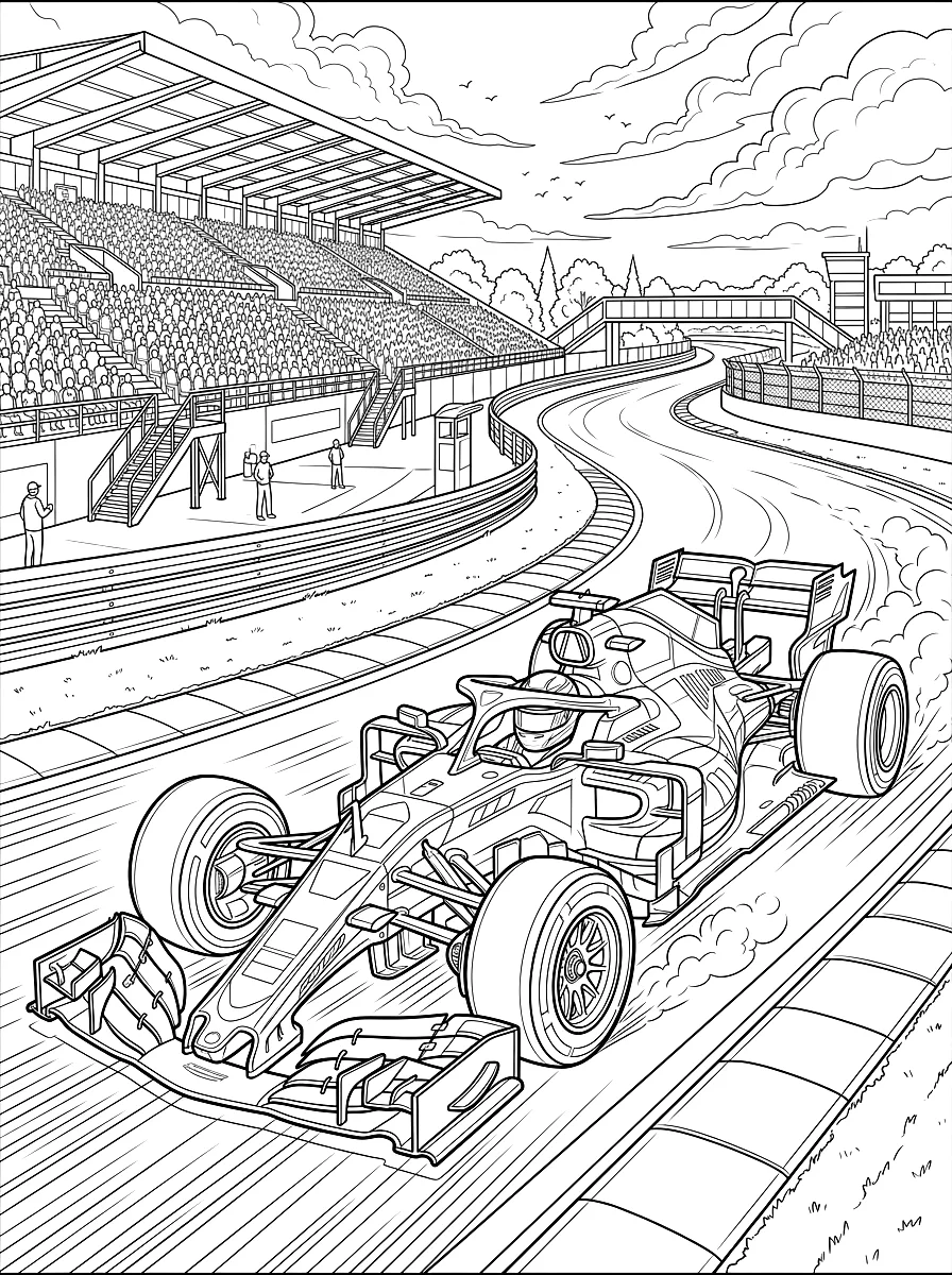 Coloriage : Une monoplace de course sur le circuit
