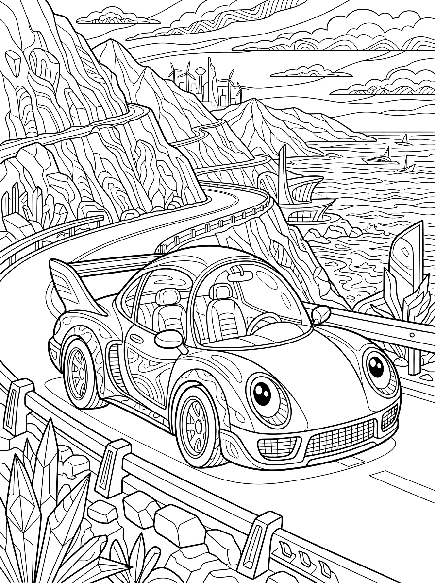 Disegno da colorare: Auto sportiva bassa su una strada costiera