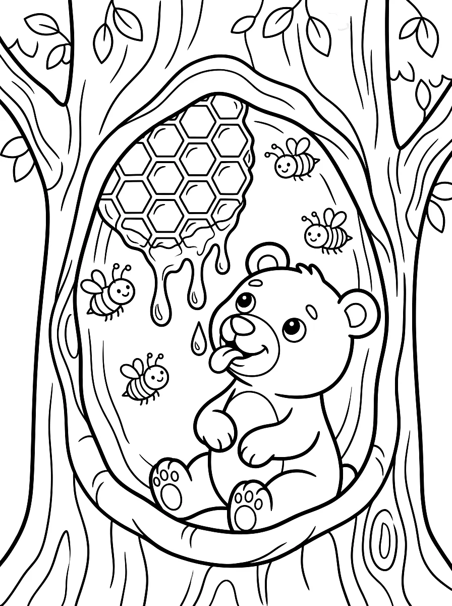 Colouring page: Bear licking honey from a honeycomb, with bees buzzing around