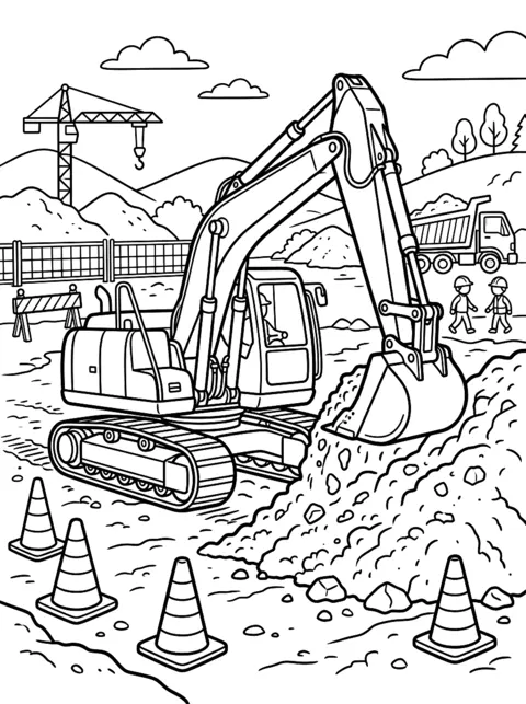 Ausmalbild: Bagger hebt Erde auf einer Baustelle mit Pylonen
