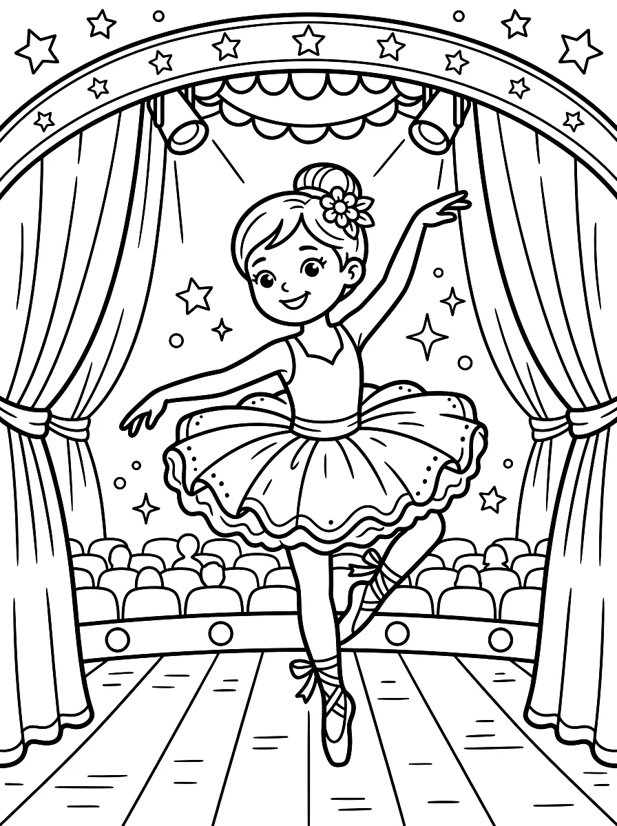 Dibujo para colorear: Niña con tutú bailando ballet en el escenario