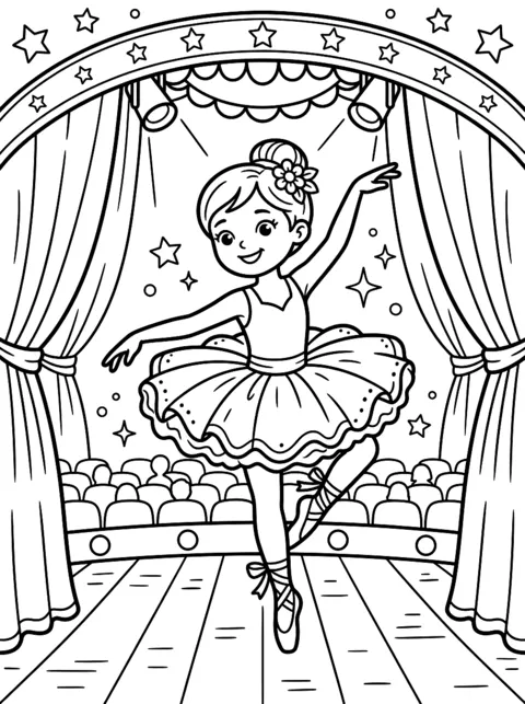 Ausmalbild: Mädchen im Tutu tanzt Ballett auf der Bühne
