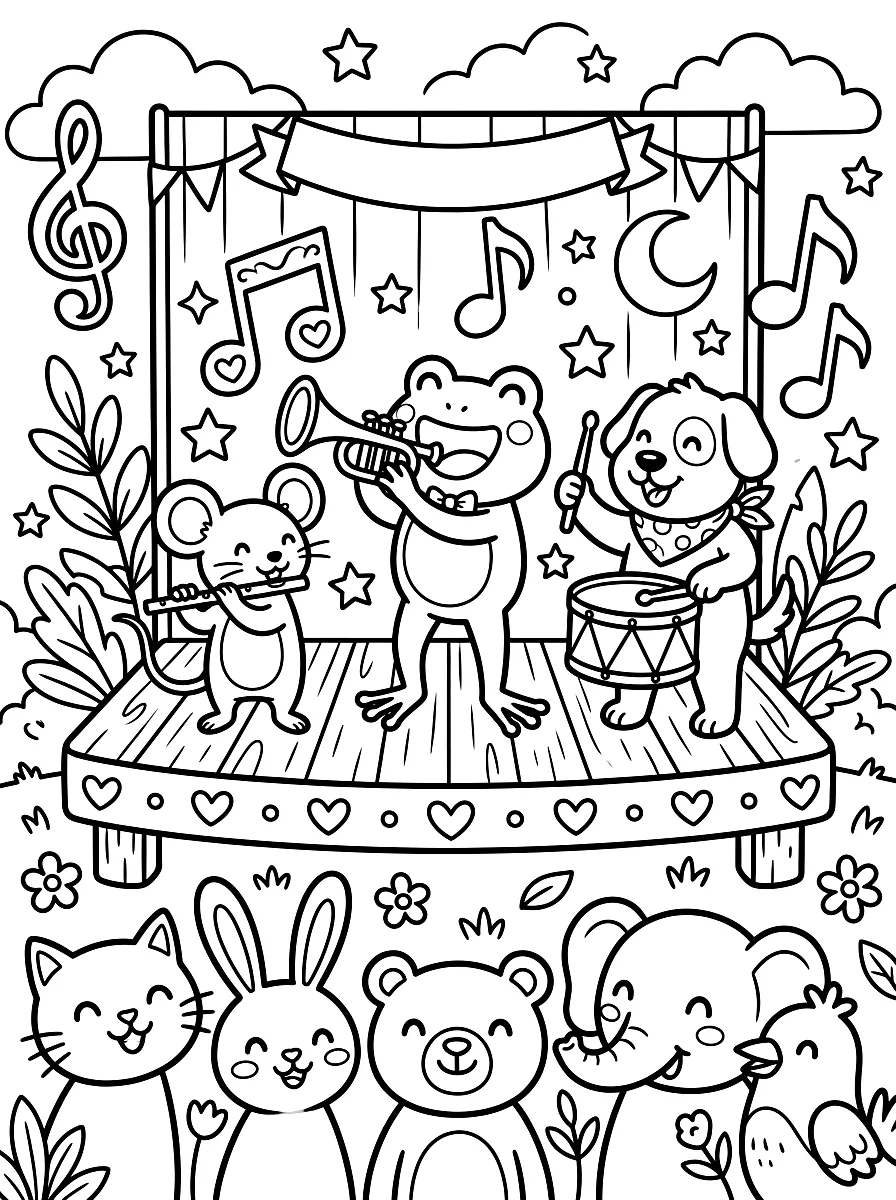 Colouring page: Animals playing together in a band