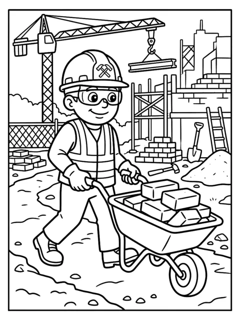 Ausmalbild: Bauarbeiter mit Helm und Schubkarre auf der Baustelle