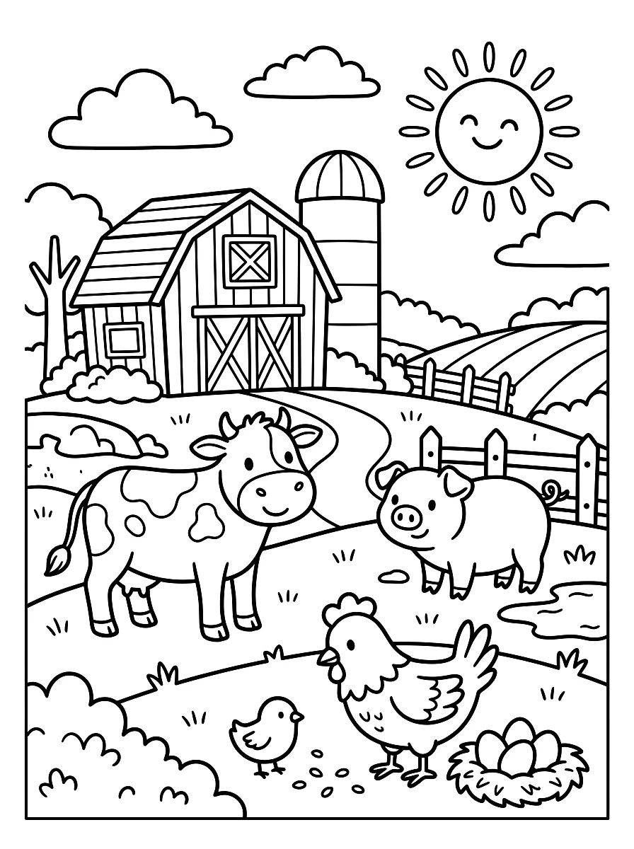 Ausmalbild: Bauernhof mit Scheune, Kuh, Schwein und Huhn