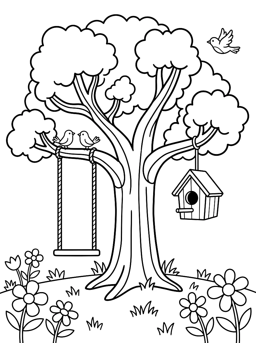 Ausmalbild: Großer Baum mit Vogelhaus und Schaukel