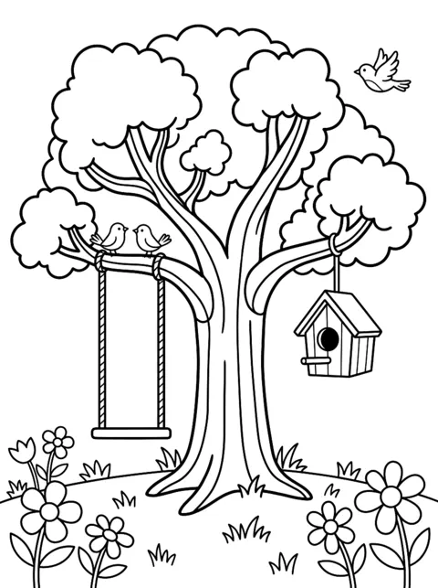 Ausmalbild: Großer Baum mit Vogelhaus und Schaukel