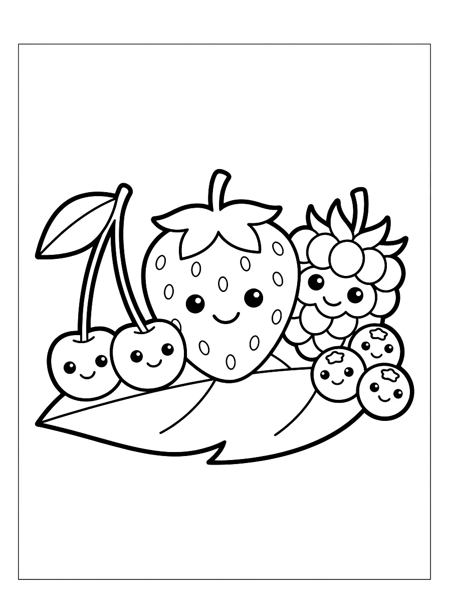 Colouring page: Strawberry, raspberry, cherries and blueberries with smiling faces on a leaf