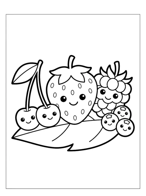 Colouring page: Strawberry, raspberry, cherries and blueberries with smiling faces on a leaf