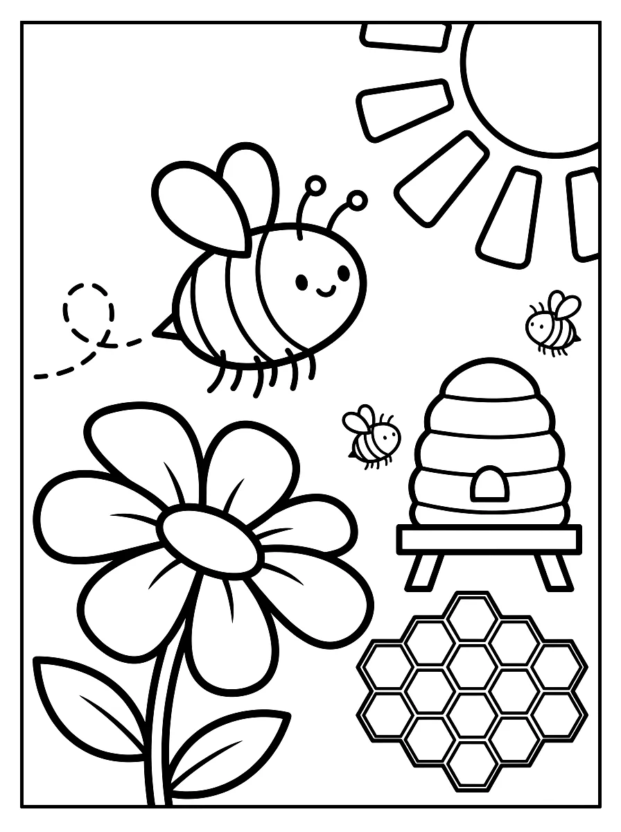 Ausmalbild: Biene fliegt zu einer Blume, daneben ein Bienenstock