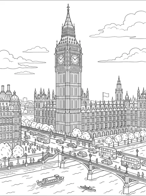 Ausmalbild: Der Glockenturm Big Ben neben dem Parlament, davor ein Doppeldeckerbus