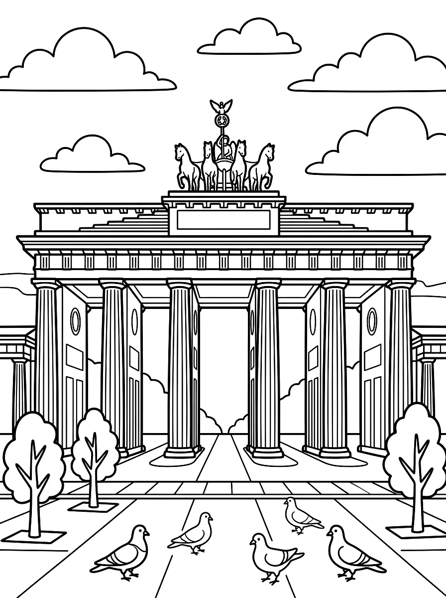 Coloriage : La porte de Brandebourg à Berlin avec ses colonnes et le quadrige au sommet, des arbres et des pigeons devant