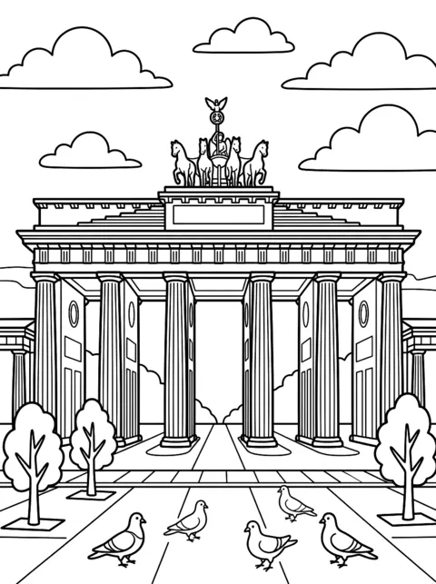 Desenho para colorir: A Porta de Brandemburgo em Berlim com as colunas e a quadriga no topo, à frente árvores e pombos