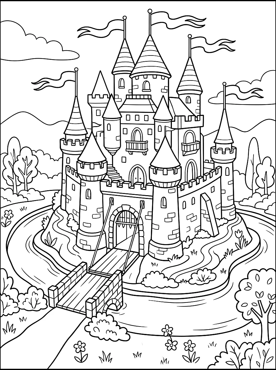 Ausmalbild: Burg mit Türmen, Fahnen und Zugbrücke