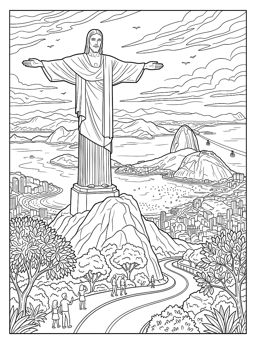 Coloriage : La statue du Christ aux bras ouverts sur la montagne qui domine Rio