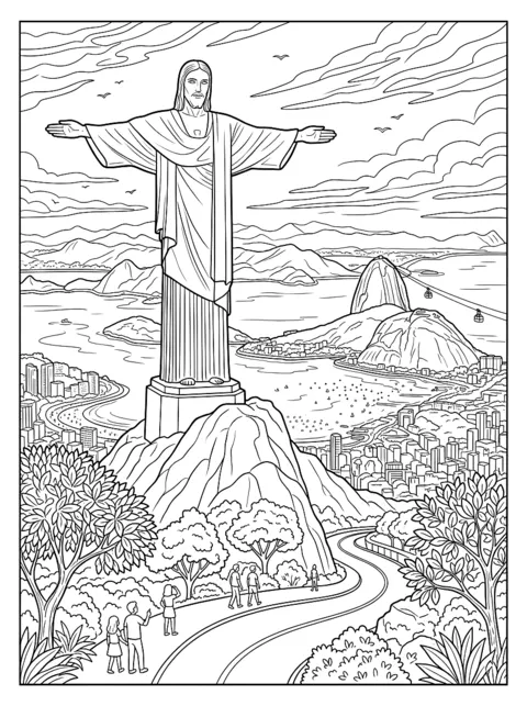 Ausmalbild: Die Christus-Statue mit ausgebreiteten Armen auf dem Berg über Rio