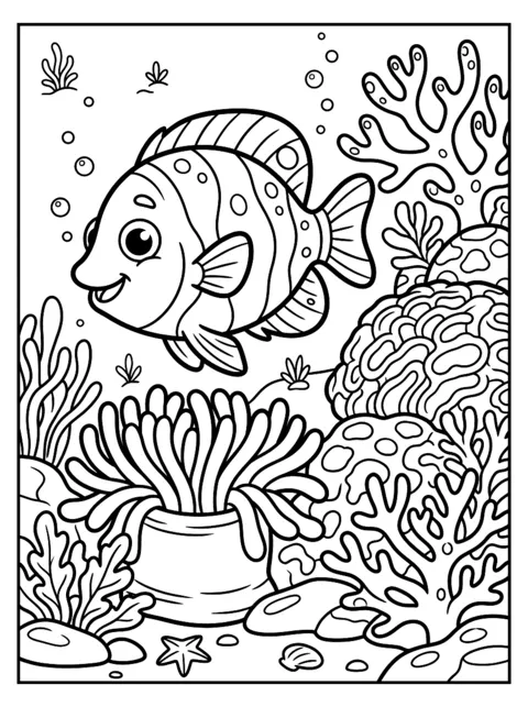Ausmalbild: Bunte Fische und Anemonen im Korallenriff