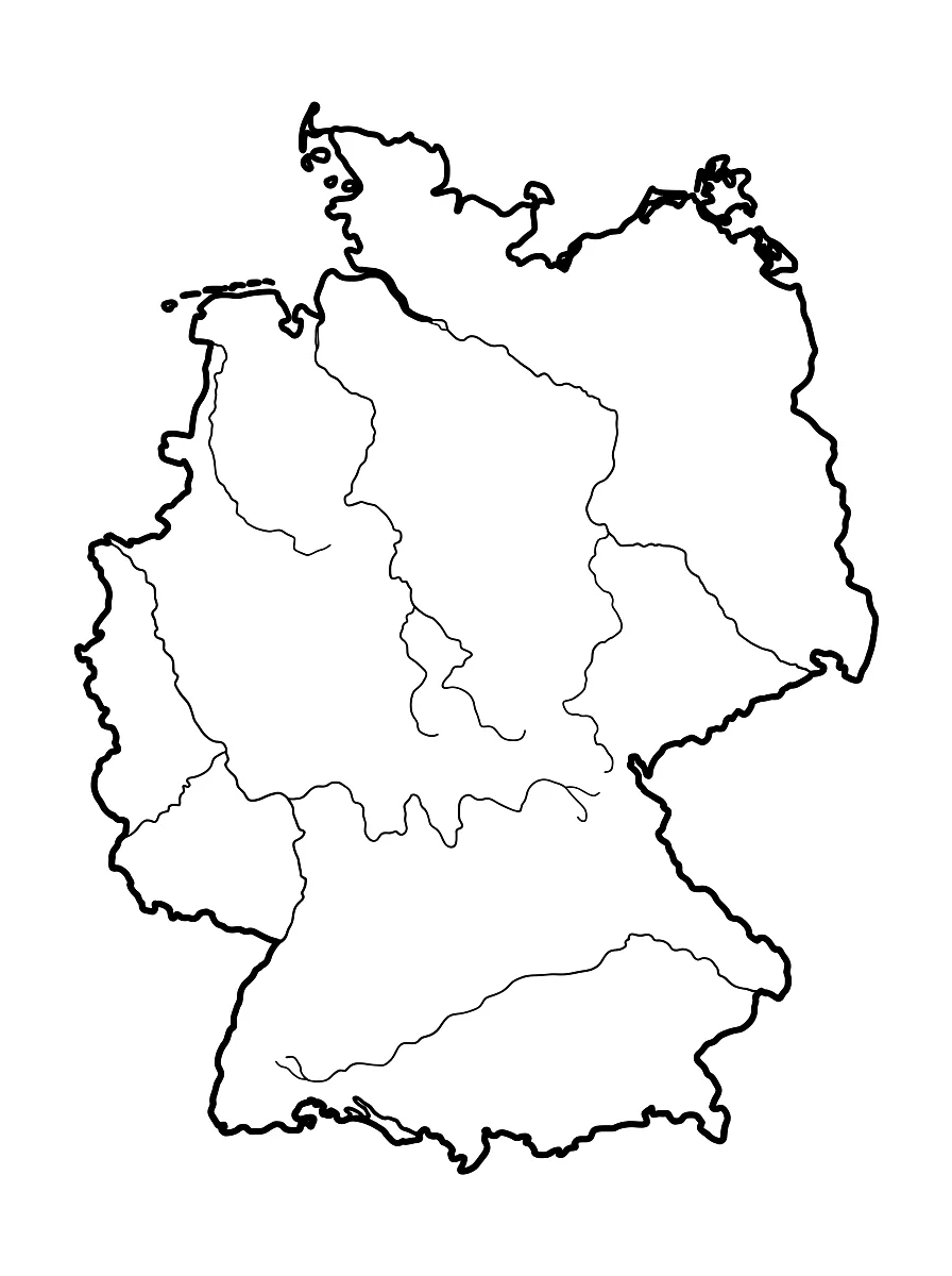 Coloriage : Contour de l'Allemagne en carte muette avec les côtes de la mer du Nord et de la Baltique et quelques fleuves