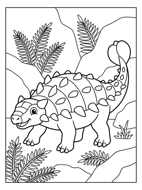 Colouring page: A friendly ankylosaurus with armour and a club tail between rocks and ferns