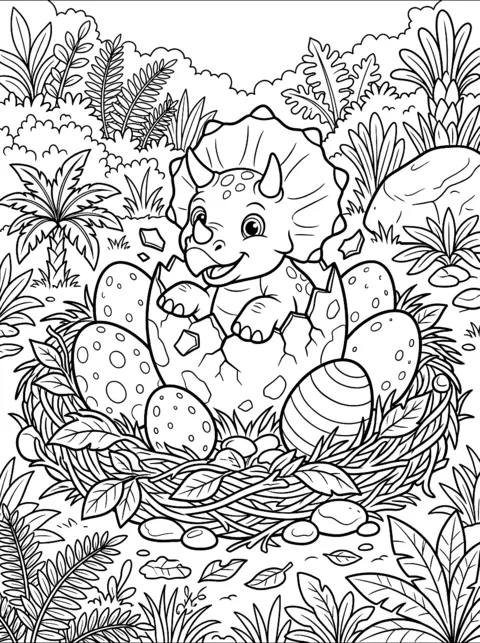 Ausmalbild: Kleiner Triceratops schlüpft aus einem Ei im Nest