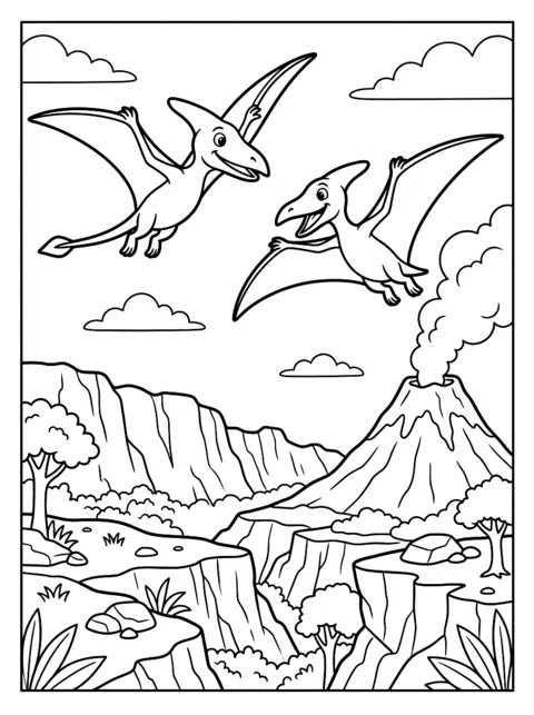 Ausmalbild: Flugsaurier fliegen über Felsen und einen Vulkan