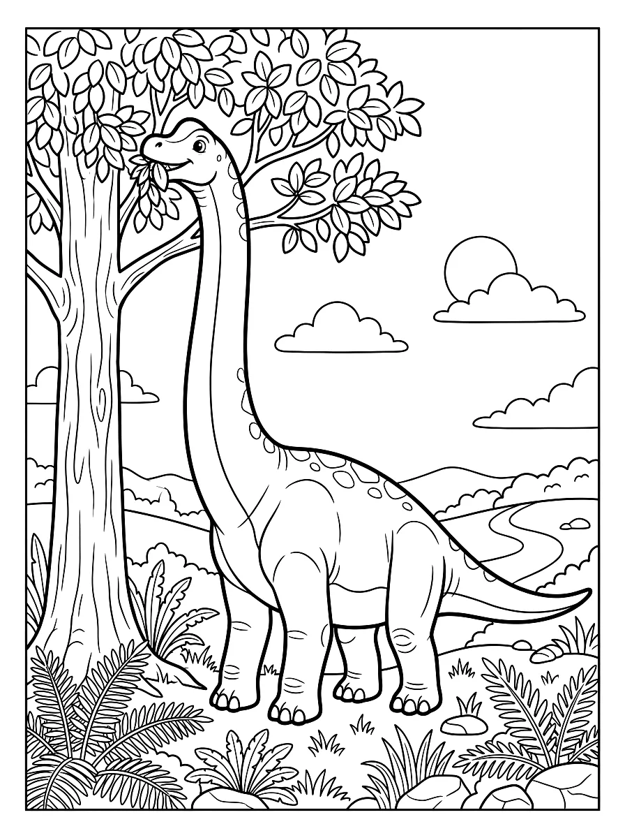 Ausmalbild: Brachiosaurus frisst Blätter von einem hohen Baum