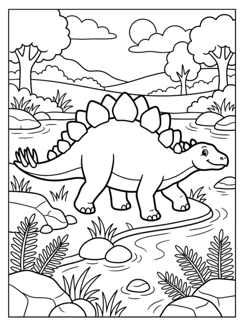 Ausmalbild: Stegosaurus mit Rückenplatten am Fluss