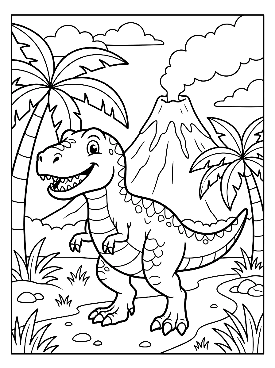 Ausmalbild: Lachender Tyrannosaurus Rex zwischen Palmen und Vulkan