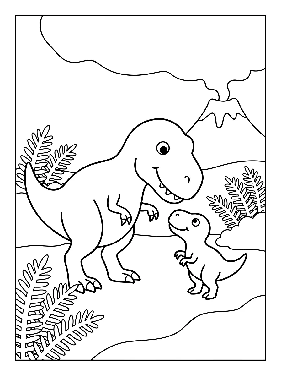 Colouring page: A friendly T. rex mum bends down to her little baby T. rex, with ferns and a volcano nearby