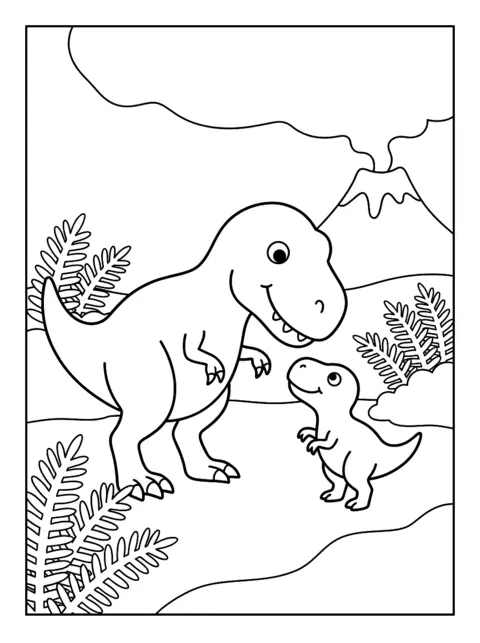 Colouring page: A friendly T. rex mum bends down to her little baby T. rex, with ferns and a volcano nearby