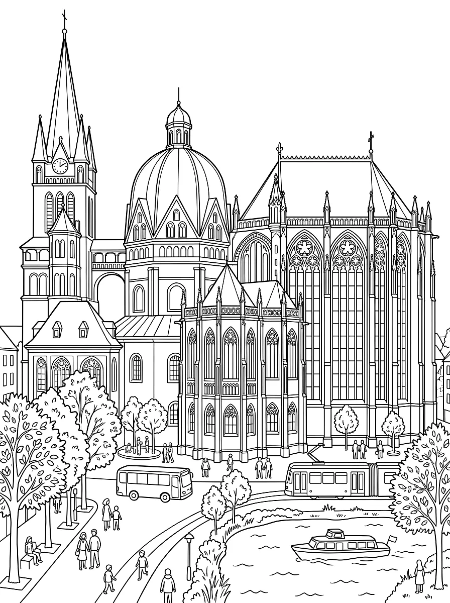 Disegno da colorare: Il duomo di Aquisgrana con la cupola ottagonale e le finestre gotiche
