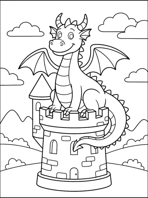 Colouring page: A friendly dragon sits on top of a castle tower and looks out over the land
