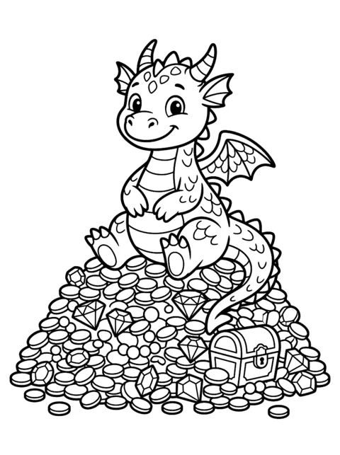 Ausmalbild: Kleiner lächelnder Drache sitzt auf einem Schatz