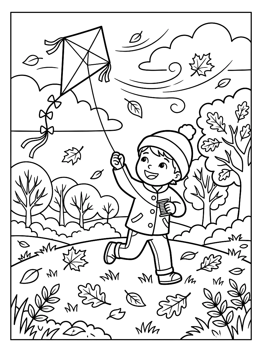 Desenho para colorir: Criança a fazer voar um papagaio de papel sobre um campo