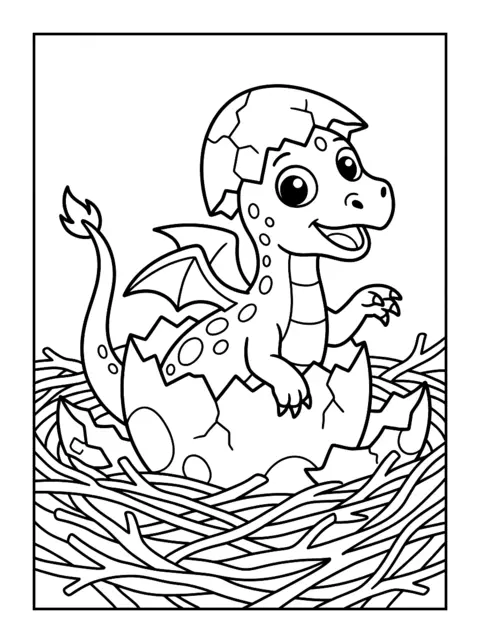 Colouring page: A little baby dragon hatches from an egg in a nest of twigs