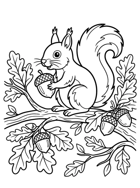 Ausmalbild: Eichhörnchen hält eine Nuss auf einem Ast mit Eicheln