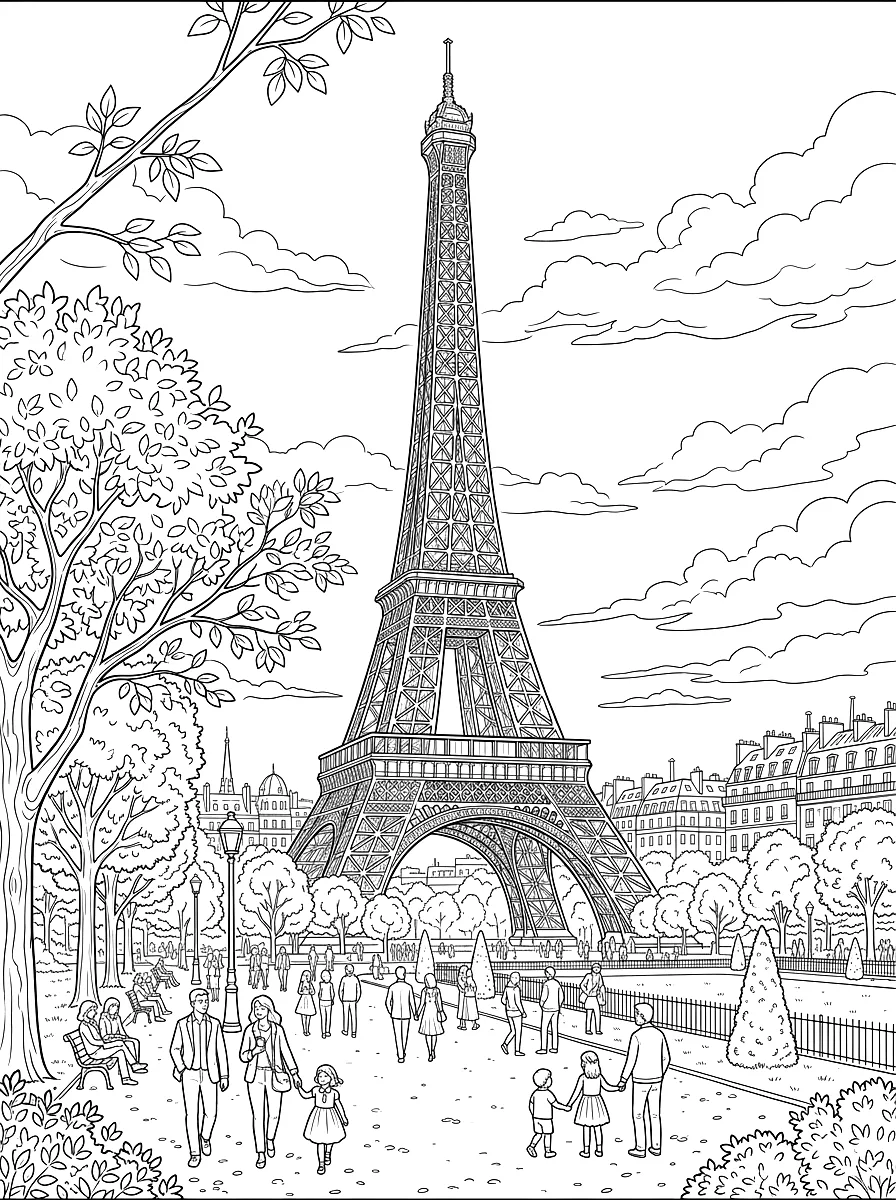 Coloriage : La tour Eiffel et sa charpente métallique, le Champ-de-Mars devant