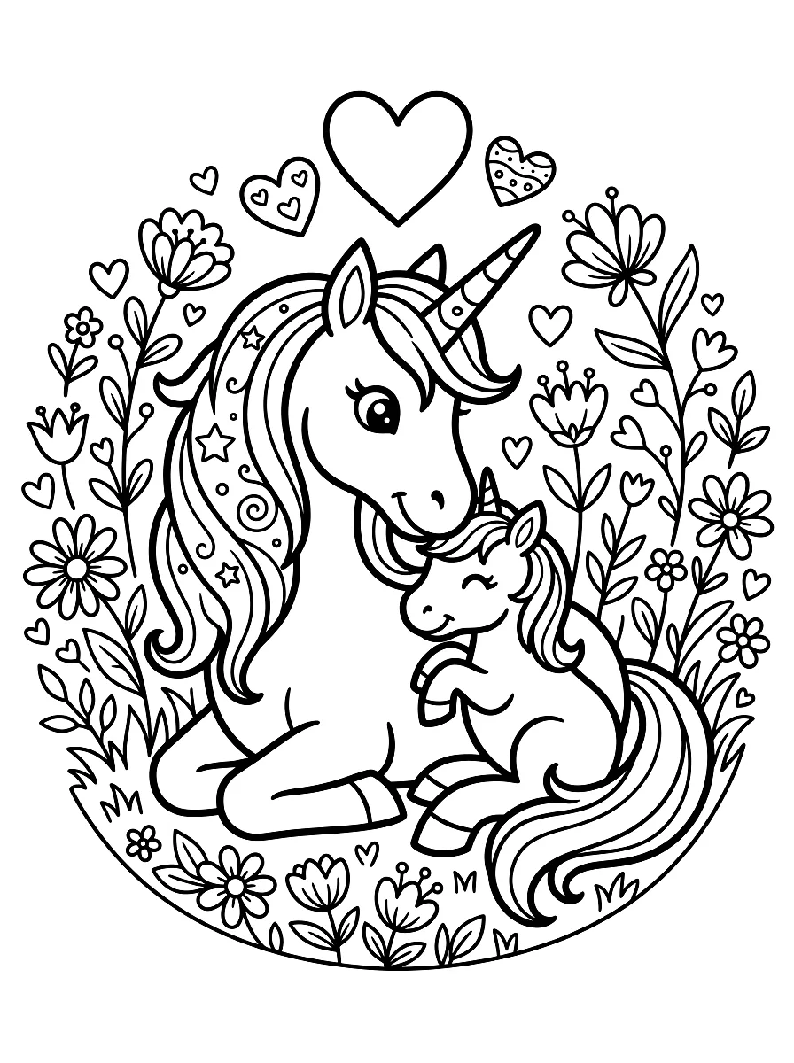 Desenho para colorir: Mãe unicórnio e bebé unicórnio aninhados entre corações