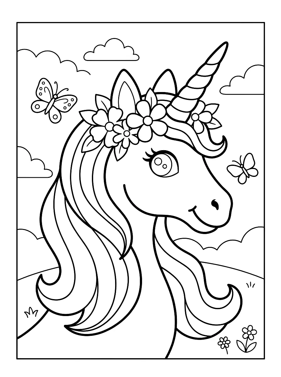Colouring page: Unicorn head with a long mane and a crown of flowers in front of clouds and a meadow, with two butterflies