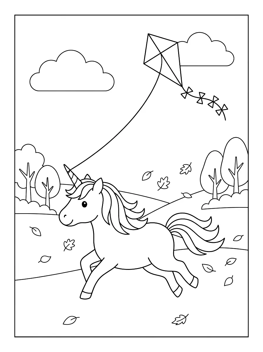 Colouring page: A happy unicorn gallops across an autumn meadow while a kite with a bow tail flies between the clouds above it and leaves blow through the air