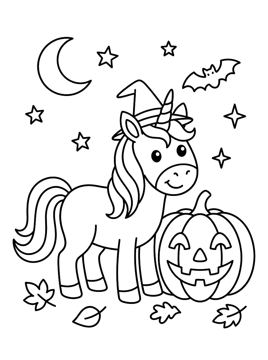 Colouring page: A unicorn in a little witch hat stands next to a smiling pumpkin, with the moon and a small bat above
